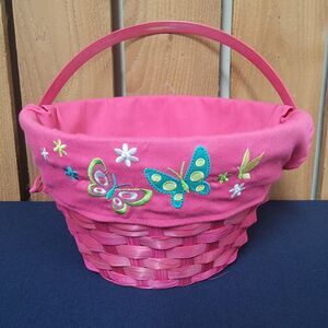 DAN DEE Pink Woven Wicker Basket Round w/Handle Cloth Liner Butterflies Nature